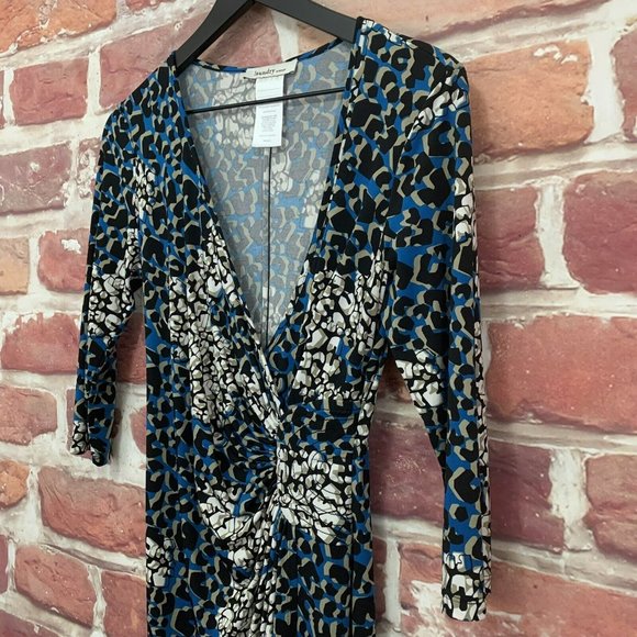 LAUNDRY SHELLI SEGAL BLUE & TAN MULTICOLOR ABSTRACT PULLOVER DRESS - Picture 3 of 8